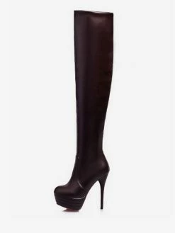 Platform Thigh High Boots Womens Solid Color Bright Leather Round Toe Stiletto Heel Boots