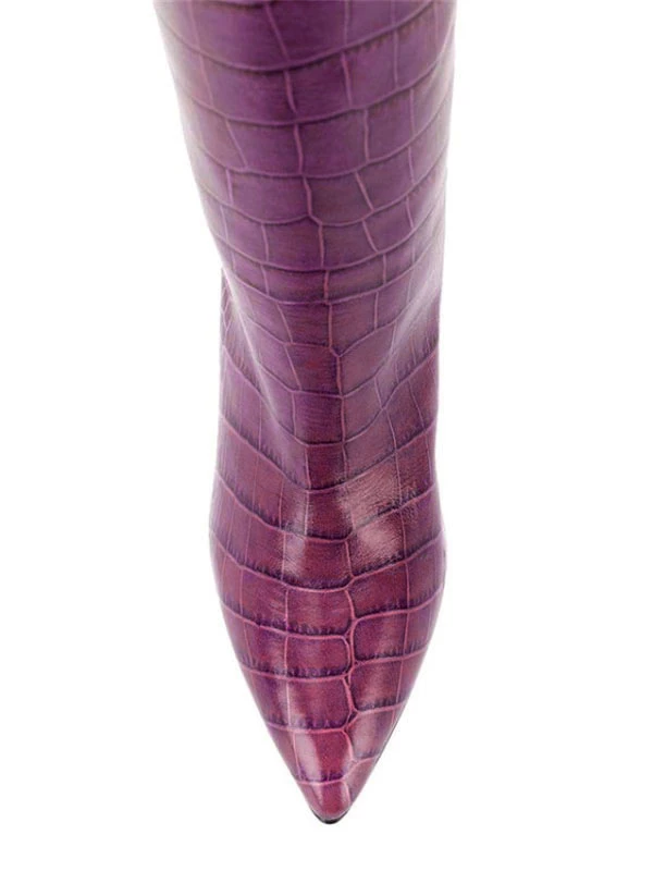 Women's Croc Print Chunky Heel Knee High Boots 10 Women's Croc Print Chunky Heel Knee High Boots - Image 10