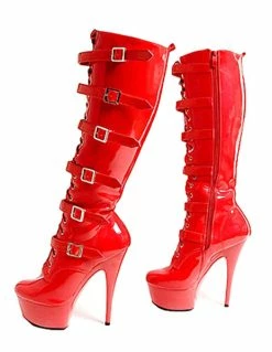 Pole Dance Shoes Platform High Heel Boots Women's Knee Length Club Sexy Shoes Buckle Punk Pole Dancing Patent Heel Boots Stripper Shoes