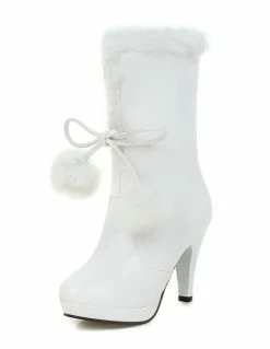 White Xmas Winter Boots Fur Top High Heel Platform Boots