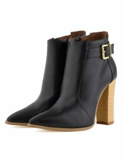 High Heel Booties Black Pointed Toe Buckle Detail Ankle Boots For Women