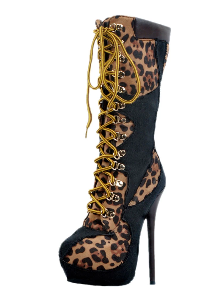 Black Sexy Boots Women's Platform Leopard Printed Lace Up High Heel Boots 1 Black Sexy Boots Women's Platform Leopard Printed Lace Up High Heel Boots