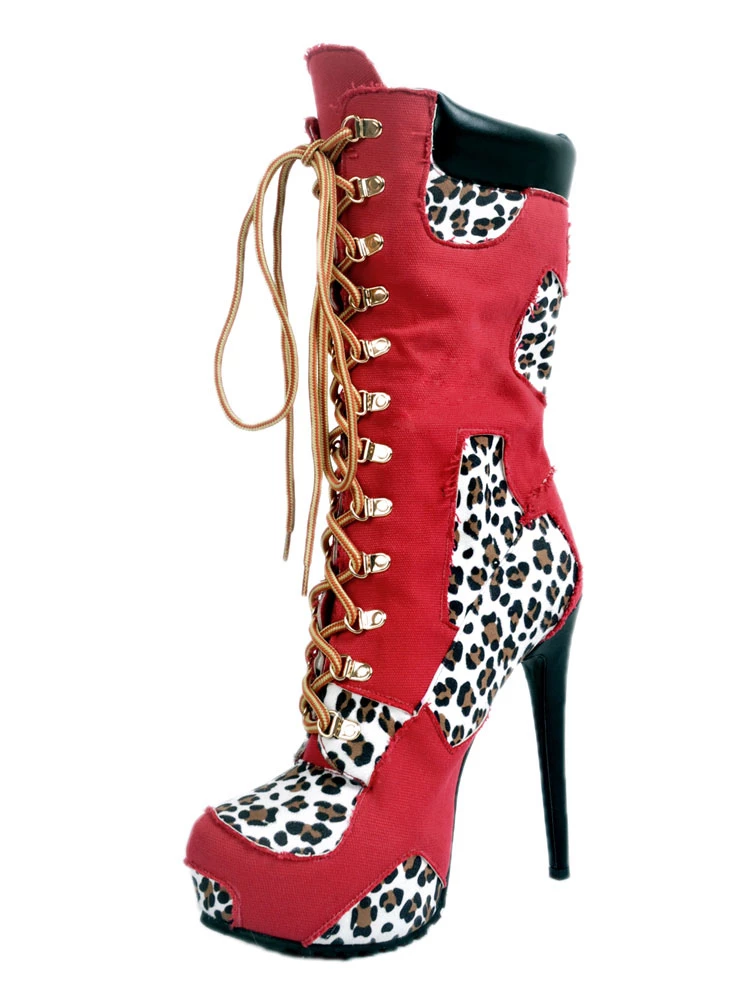Black Sexy Boots Women's Platform Leopard Printed Lace Up High Heel Boots 3 Black Sexy Boots Women's Platform Leopard Printed Lace Up High Heel Boots - Image 3