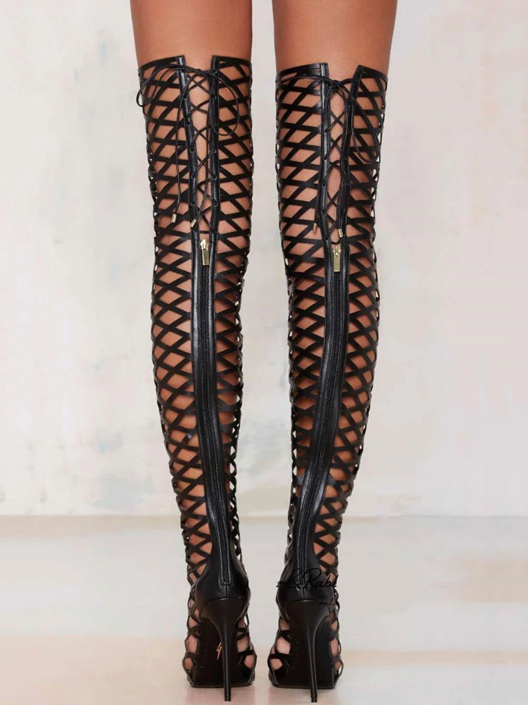 Black Sexy Shoes Over Knee High Heel Open Toe Cut Out Thigh High Boots 3 Black Sexy Shoes Over Knee High Heel Open Toe Cut Out Thigh High Boots - Image 3