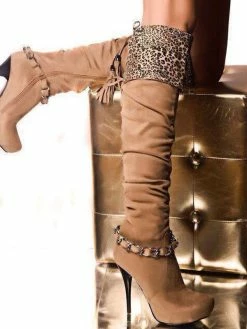 Platform Knee High Womens Coffee Brown Leopard Print Nubuck Almond Toe Stiletto Heel Boots
