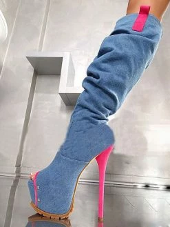 Over The Knee Boots Peep Toe Stiletto Heel Two Tone Blue Thigh High Boots For Women