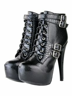 Black Ankle Boots High Heel Stiletto Lace Up Almond Toe Plus Size Buckled Booties For Women