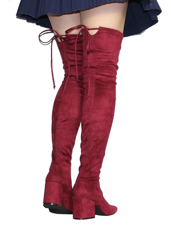 Womens Thigh High Boots Elastic Fabric Solid Color Square Toe Chunky Heel Boots 6 Womens Thigh High Boots Elastic Fabric Solid Color Square Toe Chunky Heel Boots - Image 6