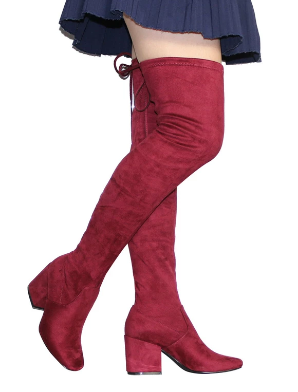 Womens Thigh High Boots Elastic Fabric Solid Color Square Toe Chunky Heel Boots 5 Womens Thigh High Boots Elastic Fabric Solid Color Square Toe Chunky Heel Boots - Image 5