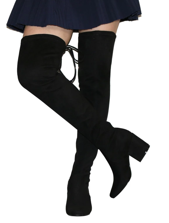 Womens Thigh High Boots Elastic Fabric Solid Color Square Toe Chunky Heel Boots 4 Womens Thigh High Boots Elastic Fabric Solid Color Square Toe Chunky Heel Boots - Image 4