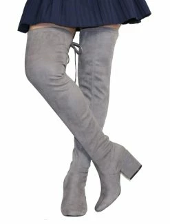 Womens Thigh High Boots Elastic Fabric Solid Color Square Toe Chunky Heel Boots