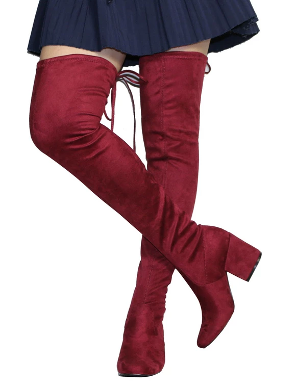 Womens Thigh High Boots Elastic Fabric Solid Color Square Toe Chunky Heel Boots 2 Womens Thigh High Boots Elastic Fabric Solid Color Square Toe Chunky Heel Boots - Image 2