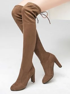 Thigh High Boots Womens Stretch Satin Sanding Lace Up Round Toe Chunky Heel Over The Knee Boots