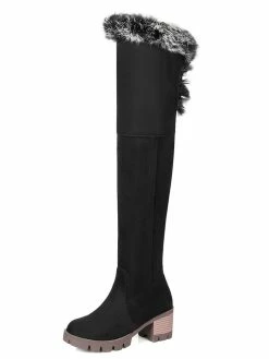 Over The Knee Boots Womens Micro Suede Faux Fur Round Toe Chunky Heel Thigh High Boots -winter shoes Sales 2023 201711081601105498249