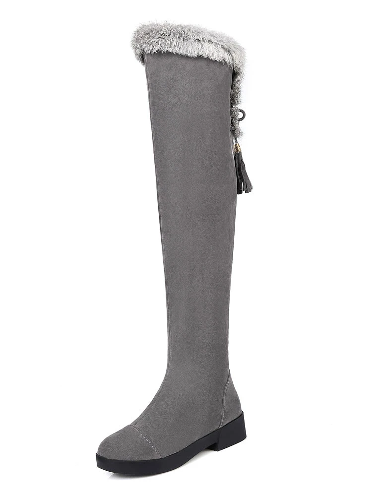 Womens Thigh High Boots Micro Suede Faux Fur Round Toe Low Chunky Heel Winter Boots 2 Womens Thigh High Boots Micro Suede Faux Fur Round Toe Low Chunky Heel Winter Boots - Image 2