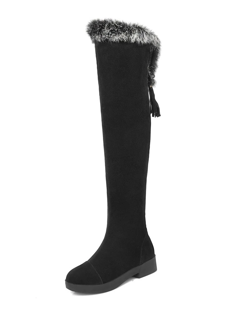 Womens Thigh High Boots Micro Suede Faux Fur Round Toe Low Chunky Heel Winter Boots 3 Womens Thigh High Boots Micro Suede Faux Fur Round Toe Low Chunky Heel Winter Boots - Image 3