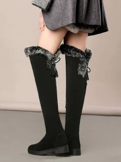 Womens Thigh High Boots Micro Suede Faux Fur Round Toe Low Chunky Heel Winter Boots