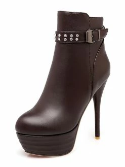 Brown Ankle Boots Women High Heel Booties Platform Round Toe Rhinestones Booties