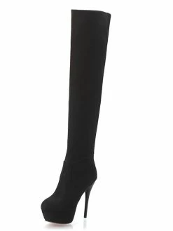 Platform Over The Knee Boots Womens Elastic Fabric Round Toe Stiletto Heel Thigh High Boots