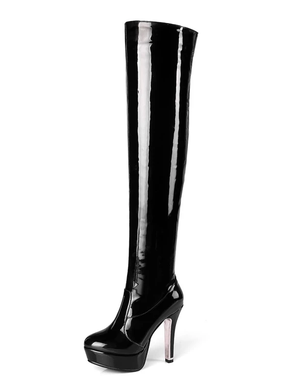Platform Thigh High Boots Womens Patent Bright Leather Round Toe Stiletto Heel Over The Knee Boots 2 Platform Thigh High Boots Womens Patent Bright Leather Round Toe Stiletto Heel Over The Knee Boots - Image 2