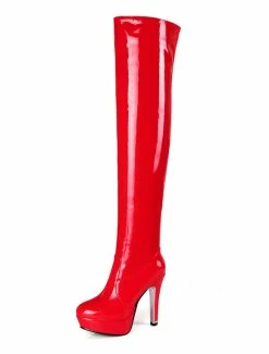 Platform Thigh High Boots Womens Patent Bright Leather Round Toe Stiletto Heel Over The Knee Boots