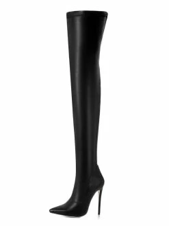 Black Thigh High Boots Womens Pointed Toe Stiletto Heel Over The Knee Boots