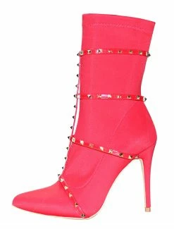 Red Ankle Boots High Heel Booties Pointed Toe Rivets Strappy Stretch Boots