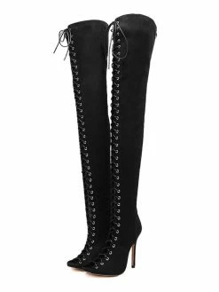 Thigh High Boots Womens Nubuck Lace Up Peep Toe Stiletto Heel Over The Knee Boots -winter shoes Sales 2023 201807251826343525396
