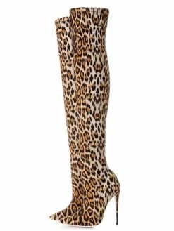 Black Thigh High Boots Womens Elastic Fabric Leopard Print Pointed Toe Stiletto Heel Over The Knee Boots