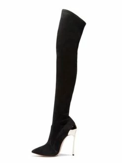 Black Thigh High Boots Womens Elastic Fabric Pointed Toe Stiletto Heel Over The Knee Boots