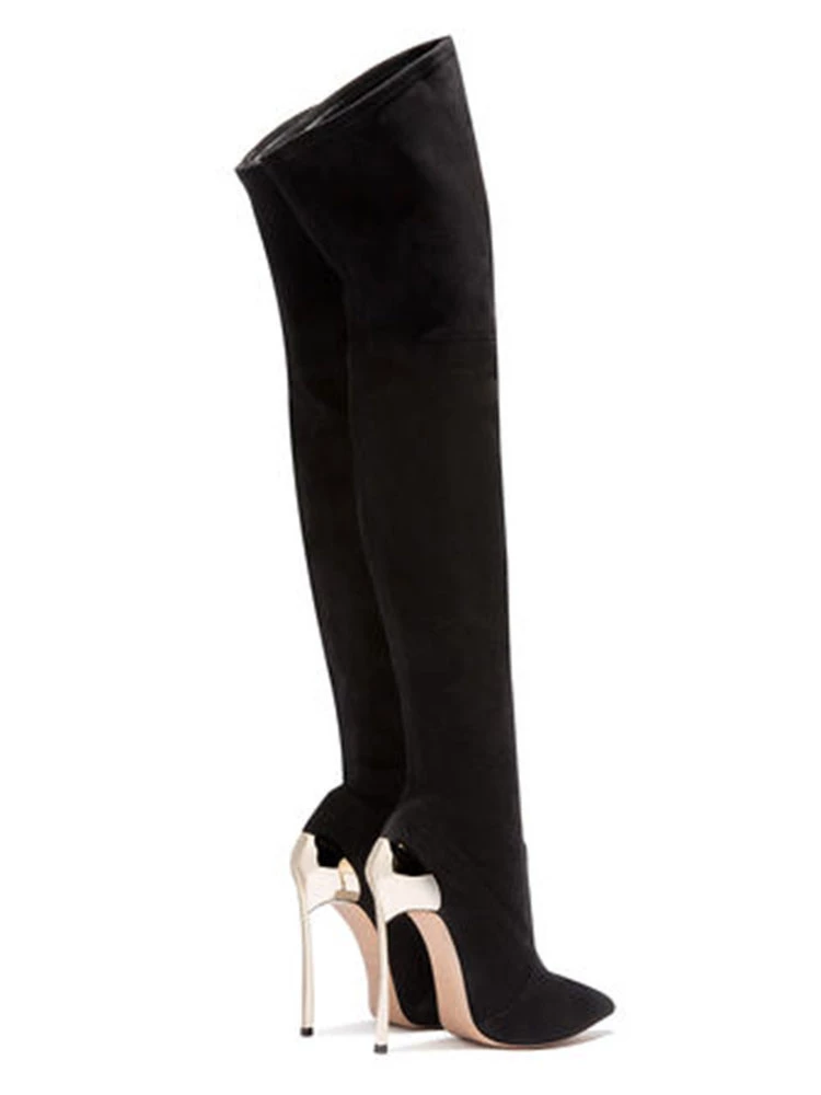 Black Thigh High Boots Womens Elastic Fabric Pointed Toe Stiletto Heel Over The Knee Boots 3 Black Thigh High Boots Womens Elastic Fabric Pointed Toe Stiletto Heel Over The Knee Boots - Image 3