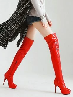 Platform Thigh High Boots Womens Almond Toe Stiletto Bright Leather Heel Over The Knee Boots