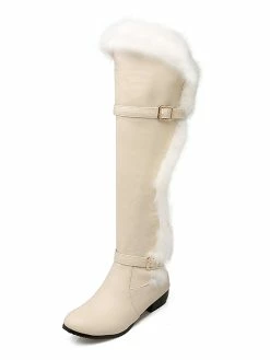 Knee High Boots Womens And Faux Fur Round Toe Low Chunky Heel Boots