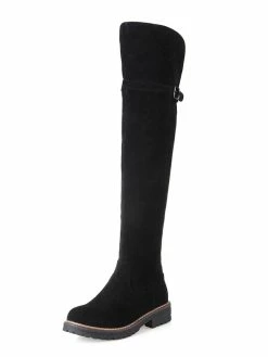 Thigh High Boots Womens Monogram Suede Round Toe Flat Heel Over The Knee Boots