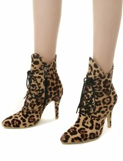 High Heel Boots Women Leopard Pointed Toe Lace Up Ankle Boots