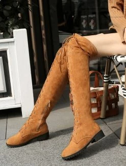 Thigh High Boots Womens Micro Suede Lace Up Round Toe Chunky Heel Over The Knee Boots -winter shoes Sales 2023 201809131851287984234