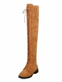 Thigh High Boots Womens Micro Suede Lace Up Round Toe Chunky Heel Over The Knee Boots