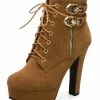 Brown Ankle Boots Suede Platform Buckle Detail Lace Up High Heel Boots