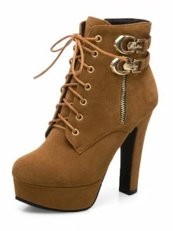 Brown Ankle Boots Suede Platform Buckle Detail Lace Up High Heel Boots