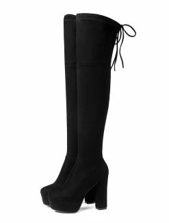 Platform Thigh High Boots Womens Elastic Fabric Lace Up Almond Toe Chunky Heel Over The Knee Boots -winter shoes Sales 2023 201810061344196544656