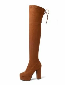 Platform Thigh High Boots Womens Elastic Fabric Lace Up Almond Toe Chunky Heel Over The Knee Boots -winter shoes Sales 2023 201810061344201898512