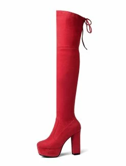 Platform Thigh High Boots Womens Elastic Fabric Lace Up Almond Toe Chunky Heel Over The Knee Boots -winter shoes Sales 2023 20181006134420701641