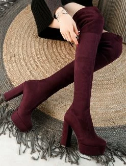 Platform Thigh High Boots Womens Elastic Fabric Lace Up Almond Toe Chunky Heel Over The Knee Boots