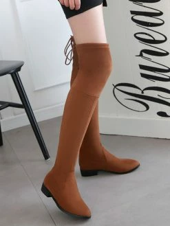 Thigh High Boots Womens Micro Suede Round Toe Flat Heel Over The Knee Boots