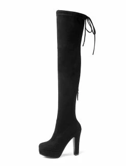 Platform Thigh High Boots Womens Elastic Fabric Lace Up Almond Toe Chunky Heel Over The Knee Boots