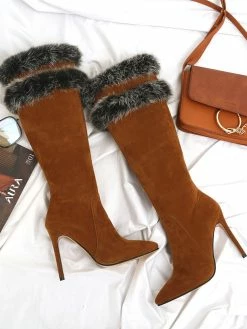 Knee High Boots Womens Micro Suede Faux Fur Pointed Toe Stiletto Heel Winter Boots -winter shoes Sales 2023 201810121707088045568