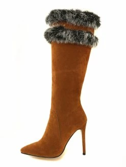 Knee High Boots Womens Micro Suede Faux Fur Pointed Toe Stiletto Heel Winter Boots -winter shoes Sales 2023 201810121707090647034