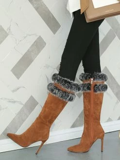 Knee High Boots Womens Micro Suede Faux Fur Pointed Toe Stiletto Heel Winter Boots