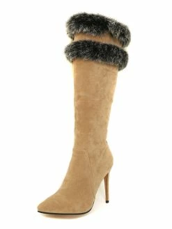 Knee High Boots Womens Micro Suede Faux Fur Pointed Toe Stiletto Heel Winter Boots -winter shoes Sales 2023 201810121707096089375