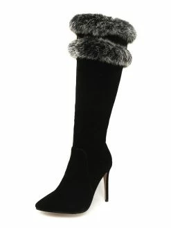 Knee High Boots Womens Micro Suede Faux Fur Pointed Toe Stiletto Heel Winter Boots -winter shoes Sales 2023 201810121707098837436